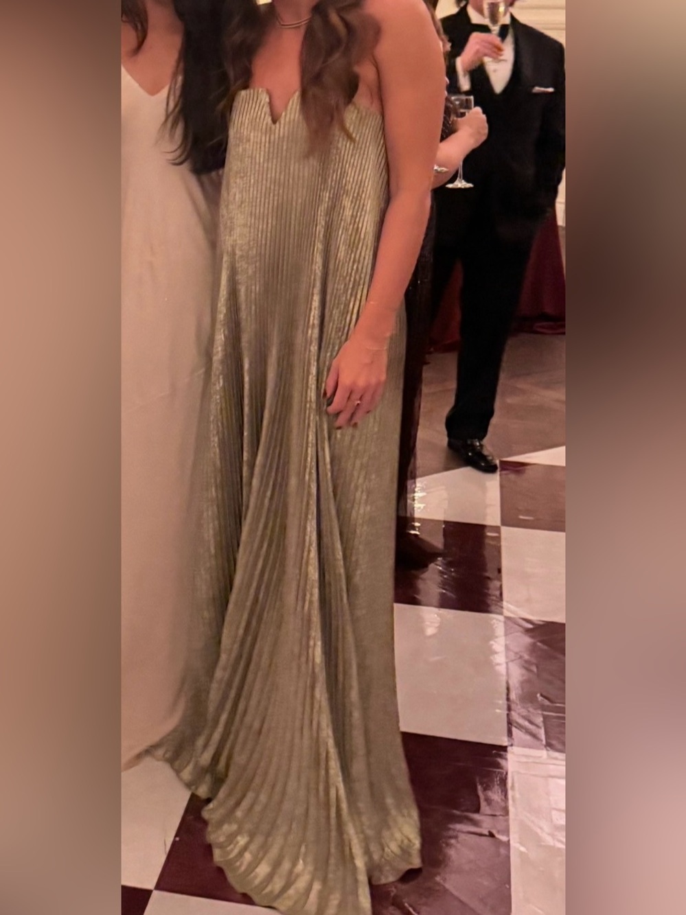 L’IDEE Strapless Metallic Pleated Evening Gown in Champagne - Picture 9 of 10
